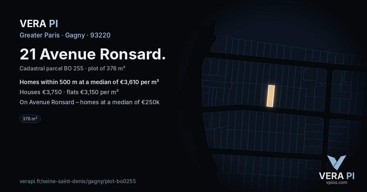 21 Avenue Ronsard, Gagny at night – the plot lit, the parcels around coloured by the prices near them