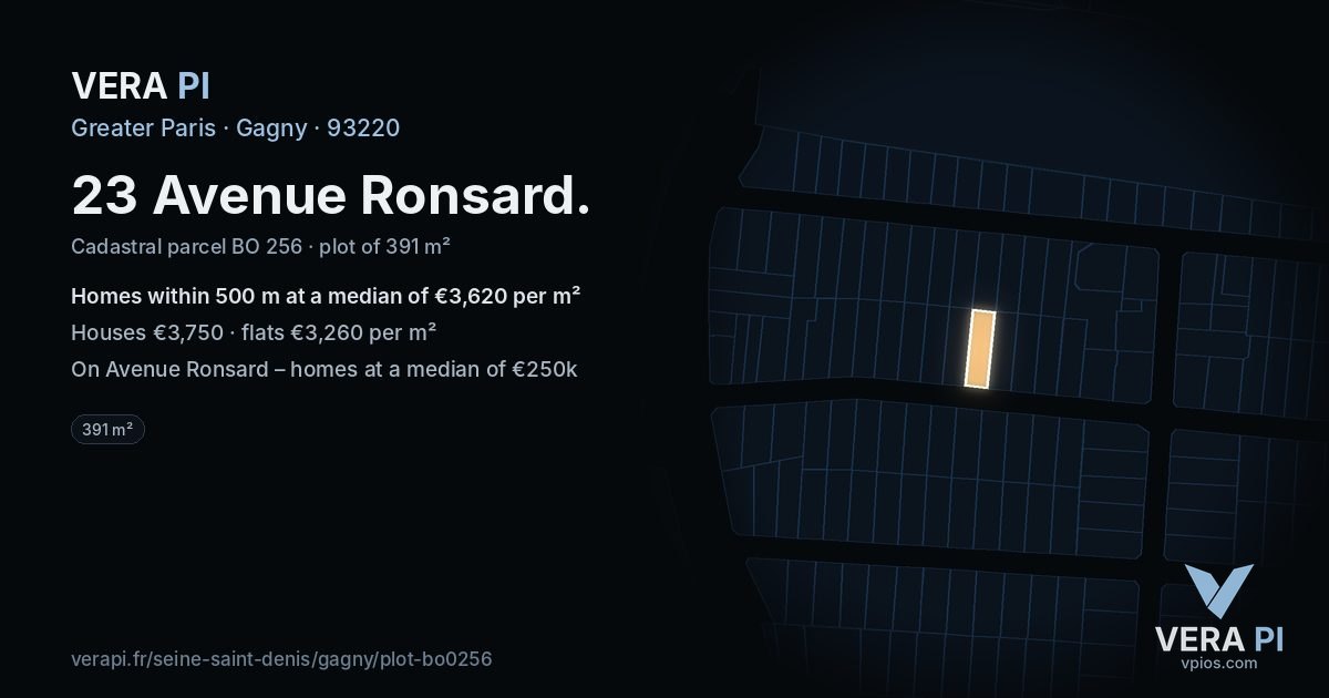 23 Avenue Ronsard, Gagny at night – the plot lit, the parcels around coloured by the prices near them