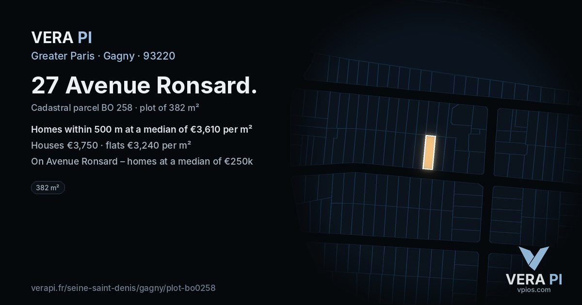 27 Avenue Ronsard, Gagny at night – the plot lit, the parcels around coloured by the prices near them