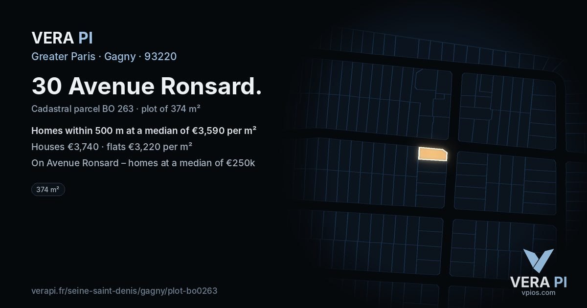 30 Avenue Ronsard, Gagny at night – the plot lit, the parcels around coloured by the prices near them