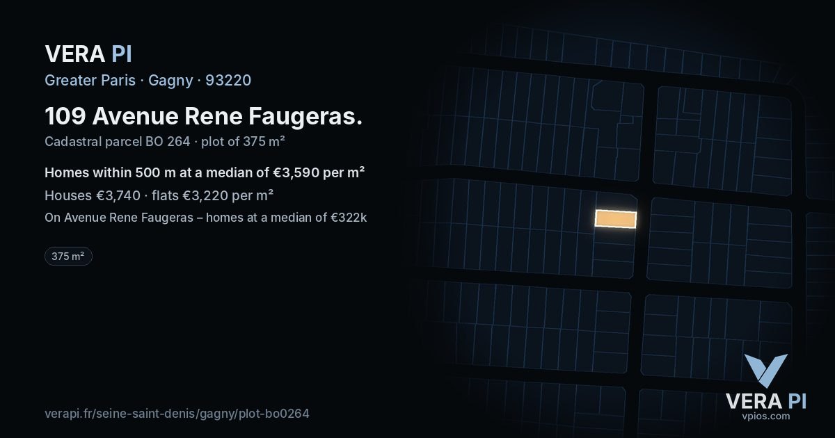 109 Avenue Rene Faugeras, Gagny at night – the plot lit, the parcels around coloured by the prices near them