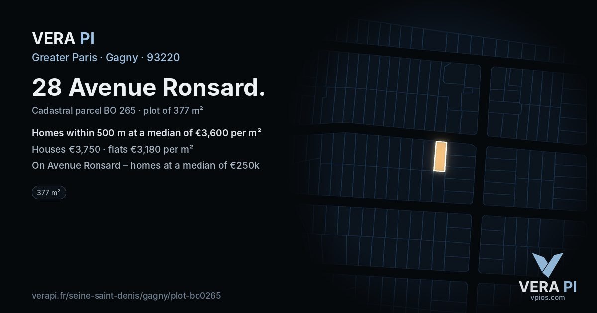 28 Avenue Ronsard, Gagny at night – the plot lit, the parcels around coloured by the prices near them