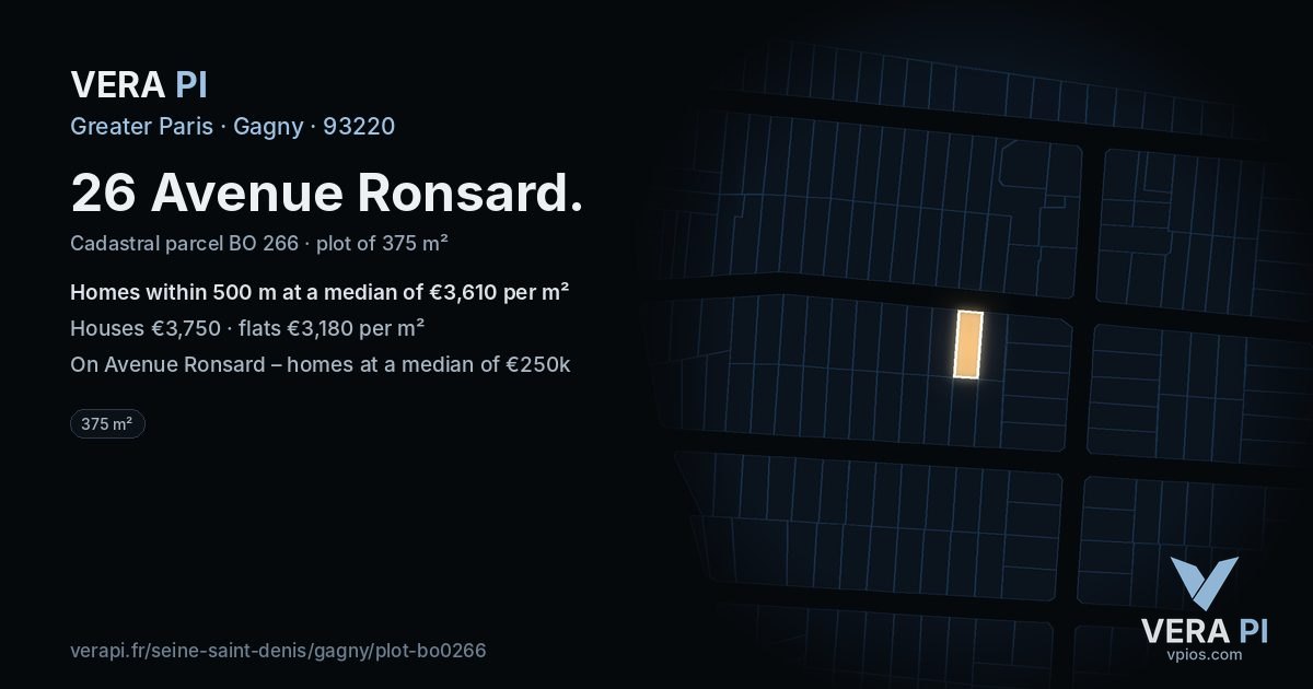26 Avenue Ronsard, Gagny at night – the plot lit, the parcels around coloured by the prices near them