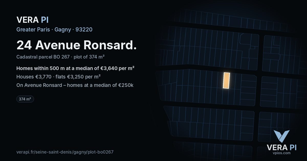 24 Avenue Ronsard, Gagny at night – the plot lit, the parcels around coloured by the prices near them