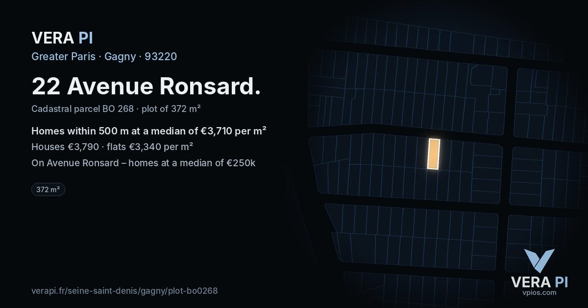 22 Avenue Ronsard, Gagny at night – the plot lit, the parcels around coloured by the prices near them