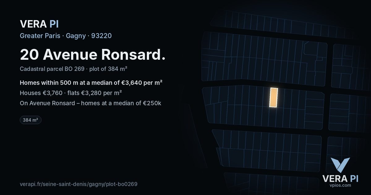20 Avenue Ronsard, Gagny at night – the plot lit, the parcels around coloured by the prices near them