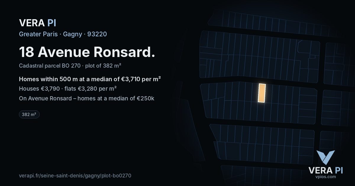18 Avenue Ronsard, Gagny at night – the plot lit, the parcels around coloured by the prices near them