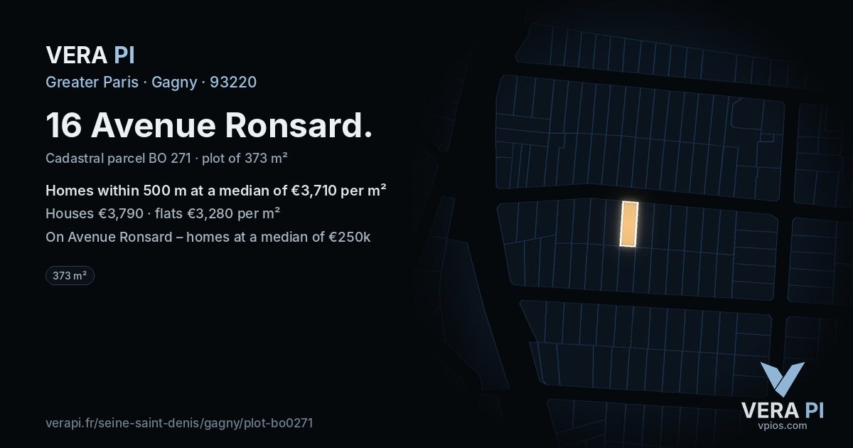16 Avenue Ronsard, Gagny at night – the plot lit, the parcels around coloured by the prices near them