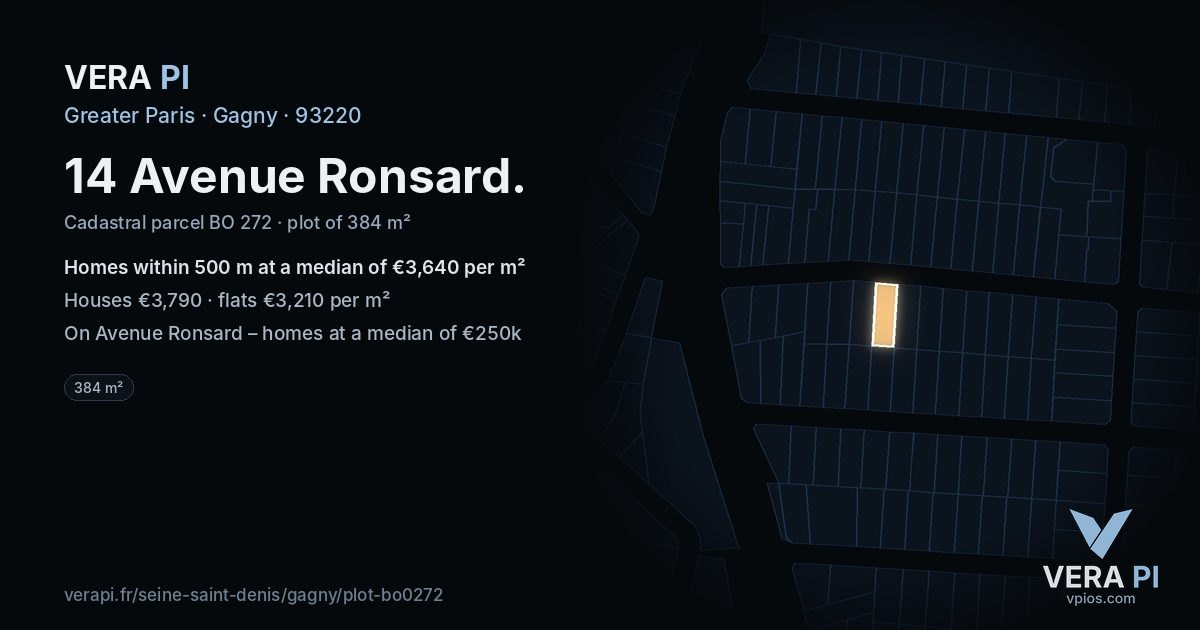 14 Avenue Ronsard, Gagny at night – the plot lit, the parcels around coloured by the prices near them