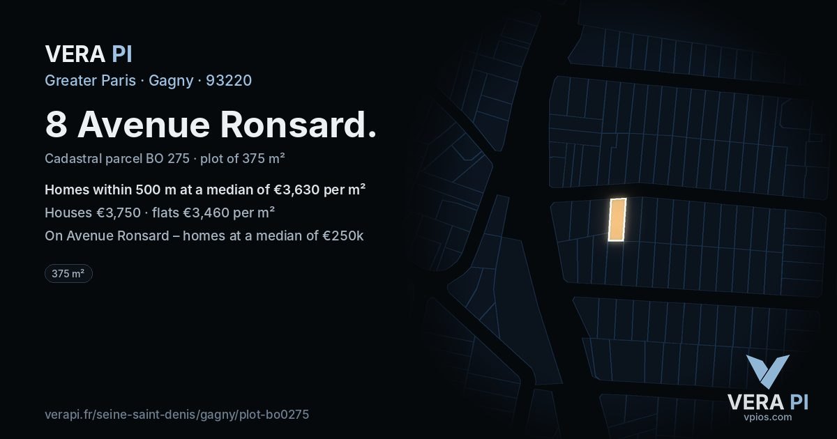 8 Avenue Ronsard, Gagny at night – the plot lit, the parcels around coloured by the prices near them