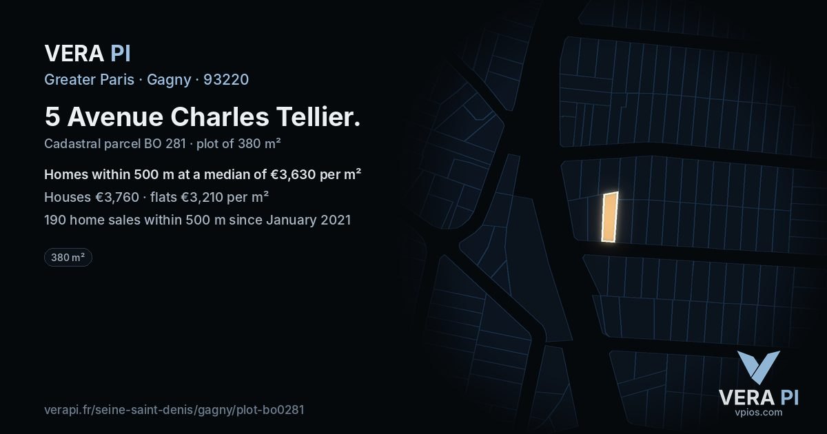 5 Avenue Charles Tellier, Gagny at night – the plot lit, the parcels around coloured by the prices near them
