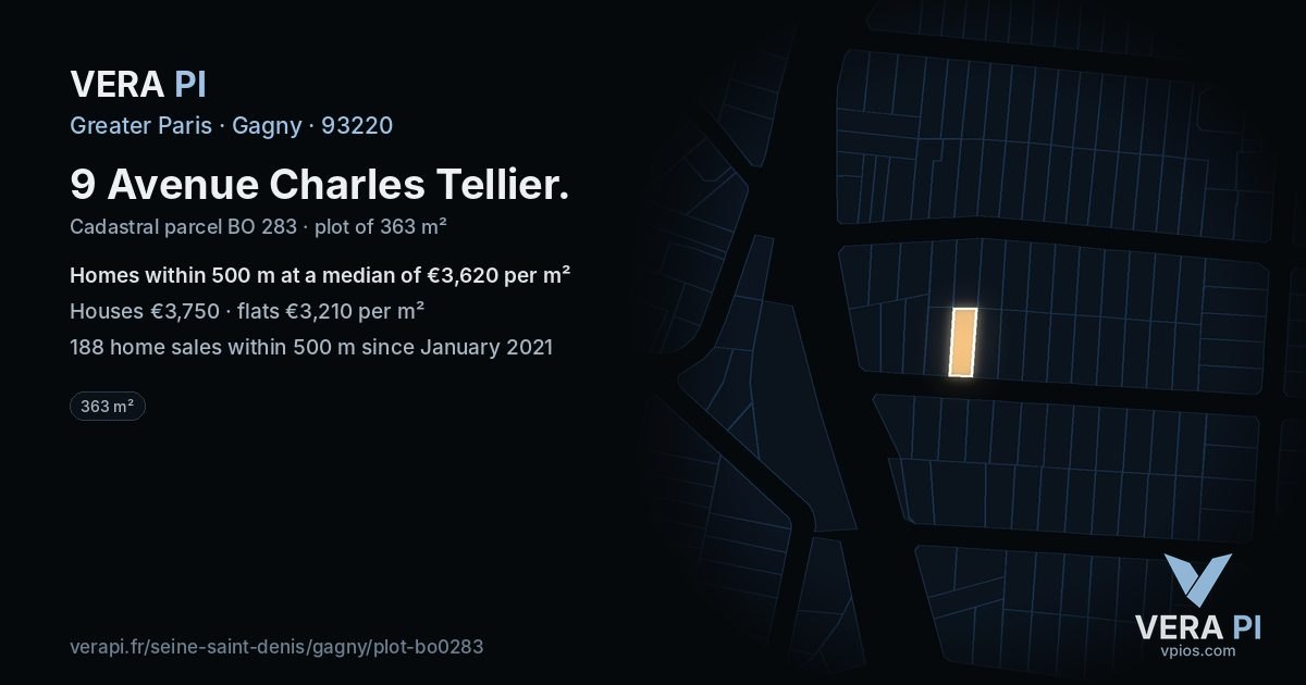 9 Avenue Charles Tellier, Gagny at night – the plot lit, the parcels around coloured by the prices near them