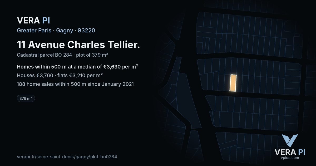 11 Avenue Charles Tellier, Gagny at night – the plot lit, the parcels around coloured by the prices near them