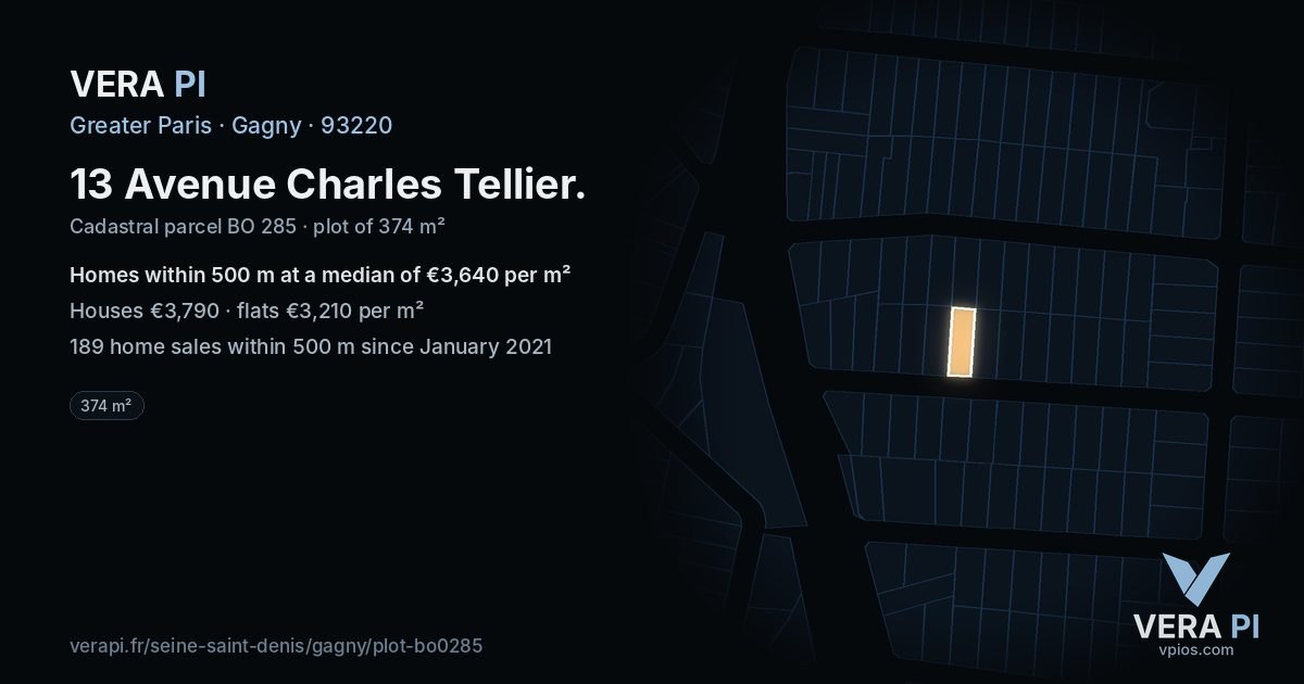 13 Avenue Charles Tellier, Gagny at night – the plot lit, the parcels around coloured by the prices near them