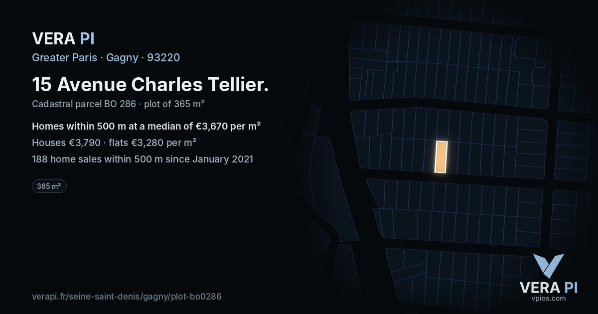 15 Avenue Charles Tellier, Gagny at night – the plot lit, the parcels around coloured by the prices near them