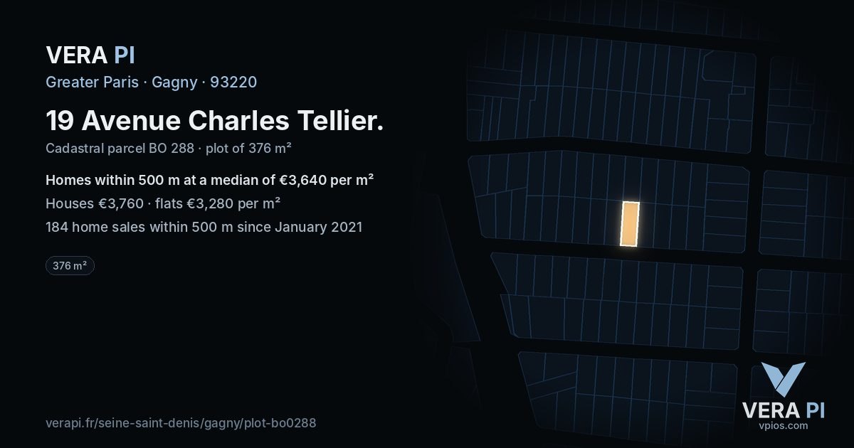 19 Avenue Charles Tellier, Gagny at night – the plot lit, the parcels around coloured by the prices near them