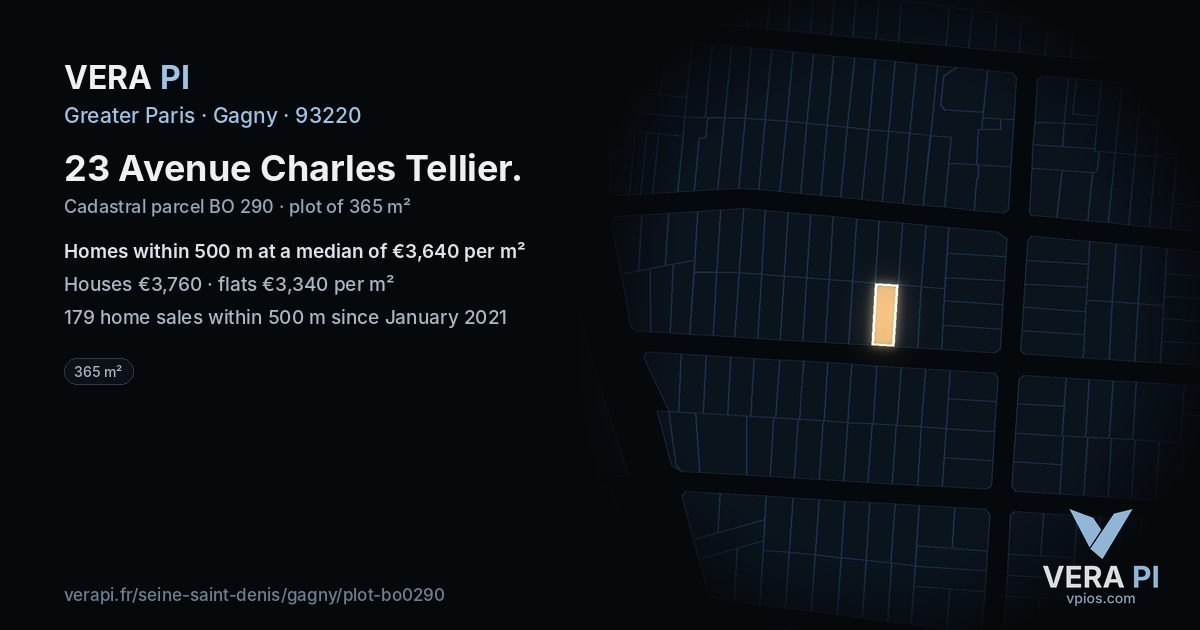 23 Avenue Charles Tellier, Gagny at night – the plot lit, the parcels around coloured by the prices near them