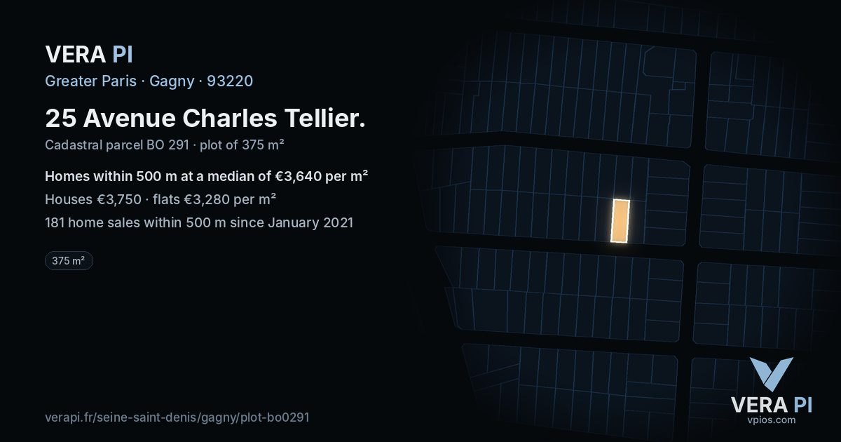 25 Avenue Charles Tellier, Gagny at night – the plot lit, the parcels around coloured by the prices near them