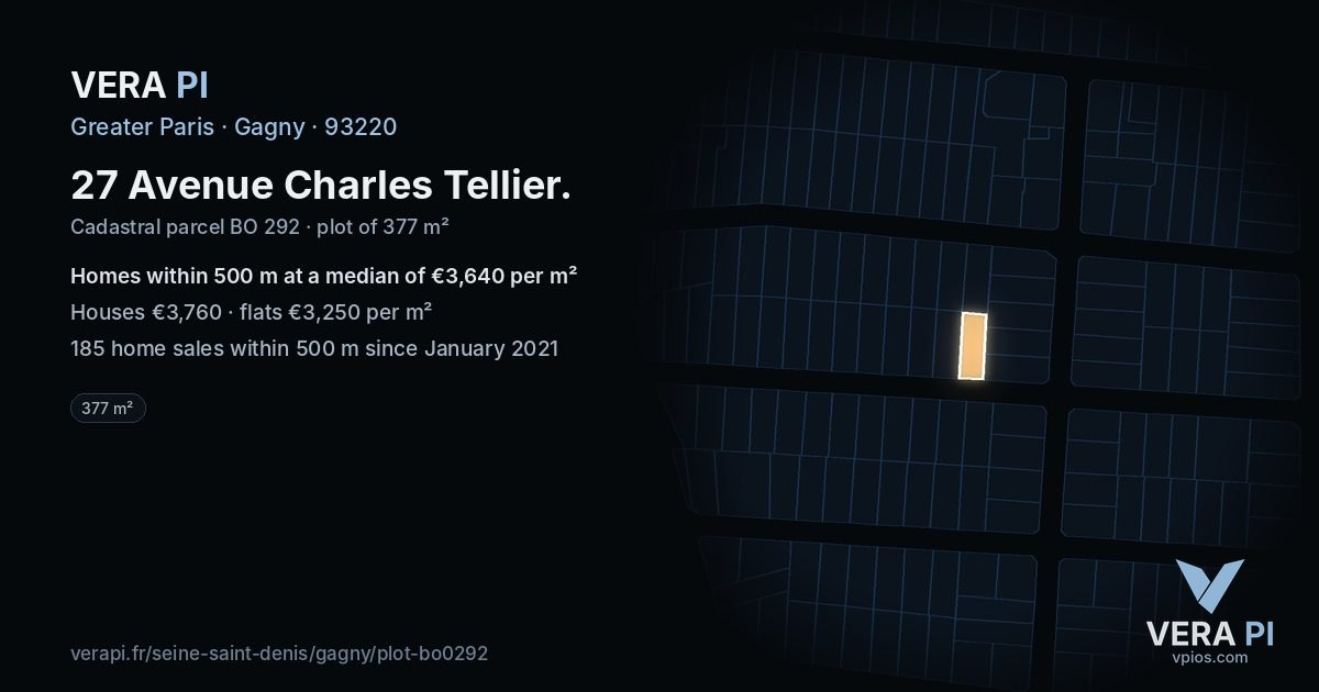 27 Avenue Charles Tellier, Gagny at night – the plot lit, the parcels around coloured by the prices near them