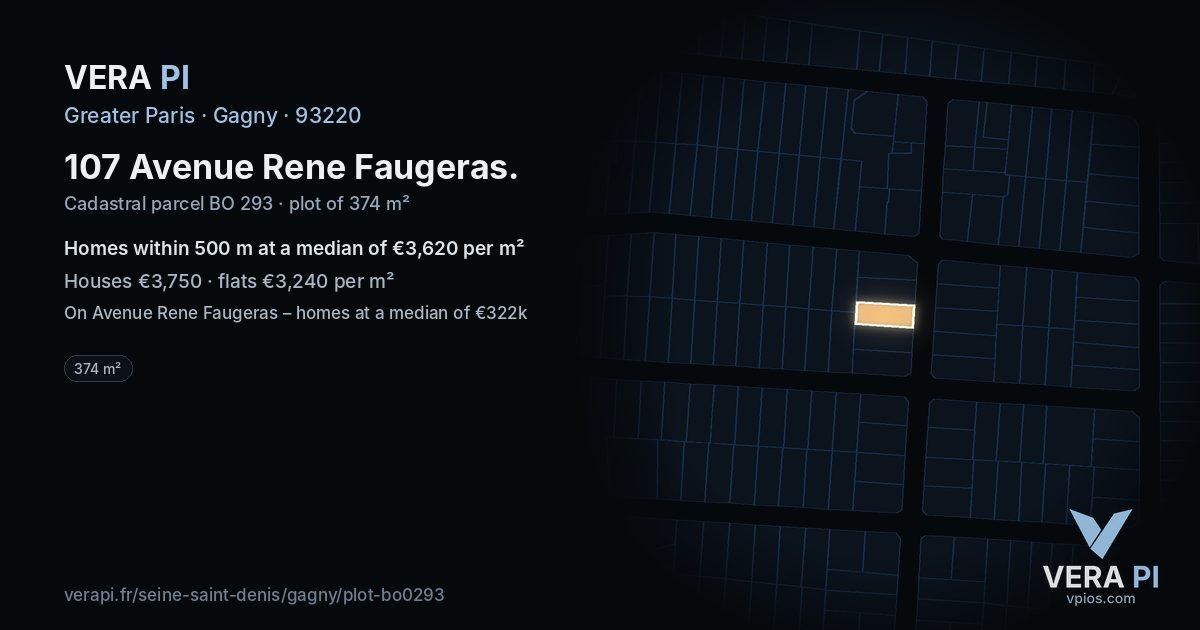 107 Avenue Rene Faugeras, Gagny at night – the plot lit, the parcels around coloured by the prices near them