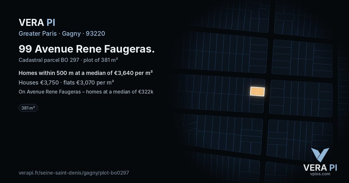 99 Avenue Rene Faugeras, Gagny at night – the plot lit, the parcels around coloured by the prices near them