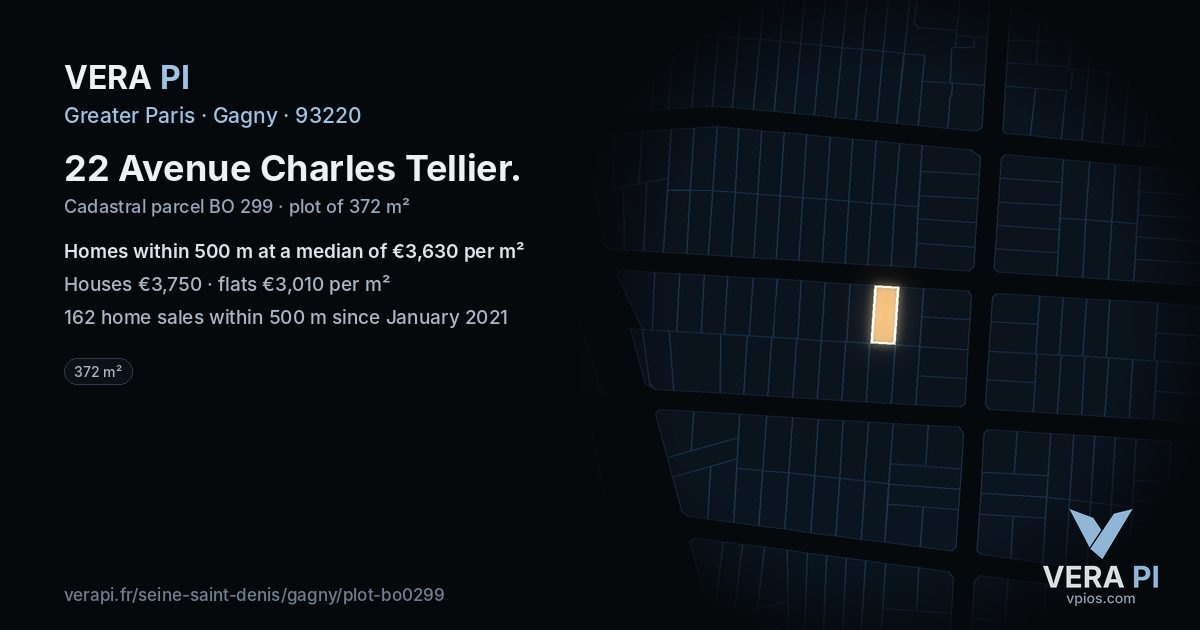 22 Avenue Charles Tellier, Gagny at night – the plot lit, the parcels around coloured by the prices near them