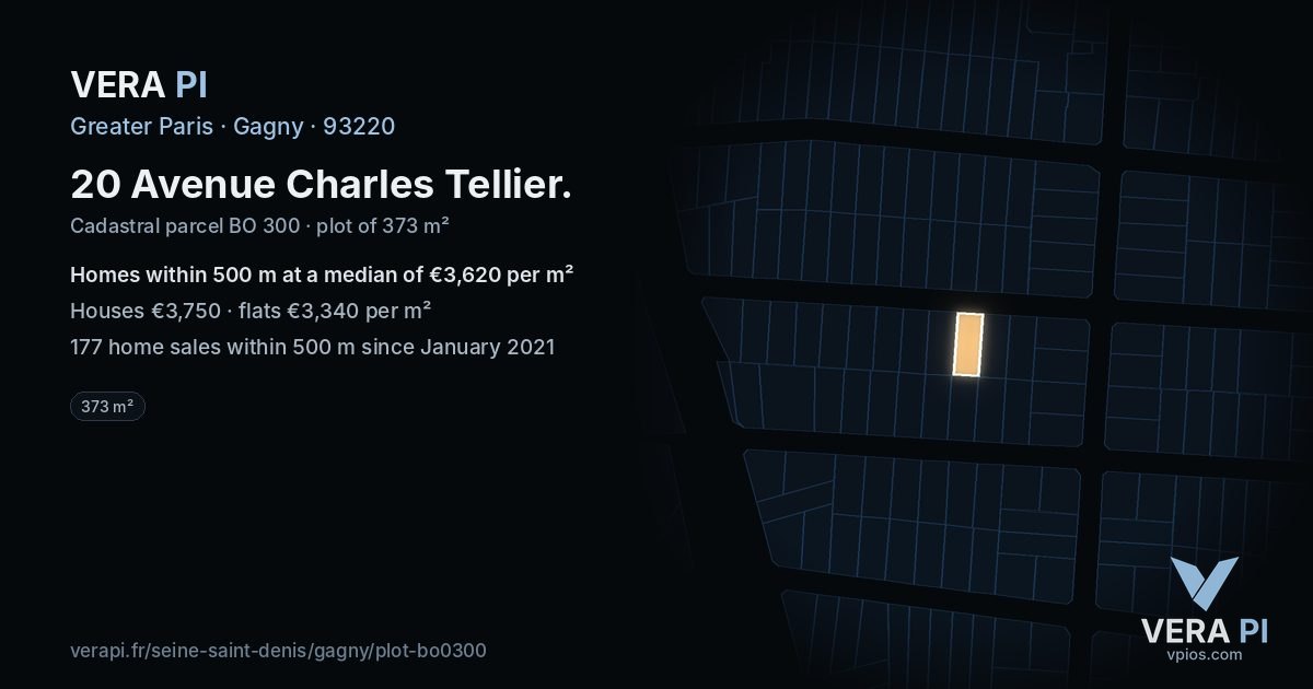 20 Avenue Charles Tellier, Gagny at night – the plot lit, the parcels around coloured by the prices near them