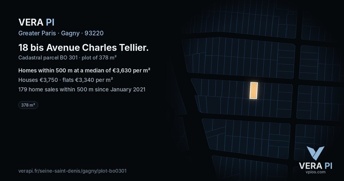 18 bis Avenue Charles Tellier, Gagny at night – the plot lit, the parcels around coloured by the prices near them