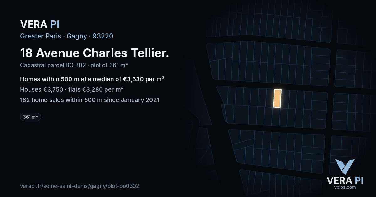 18 Avenue Charles Tellier, Gagny at night – the plot lit, the parcels around coloured by the prices near them