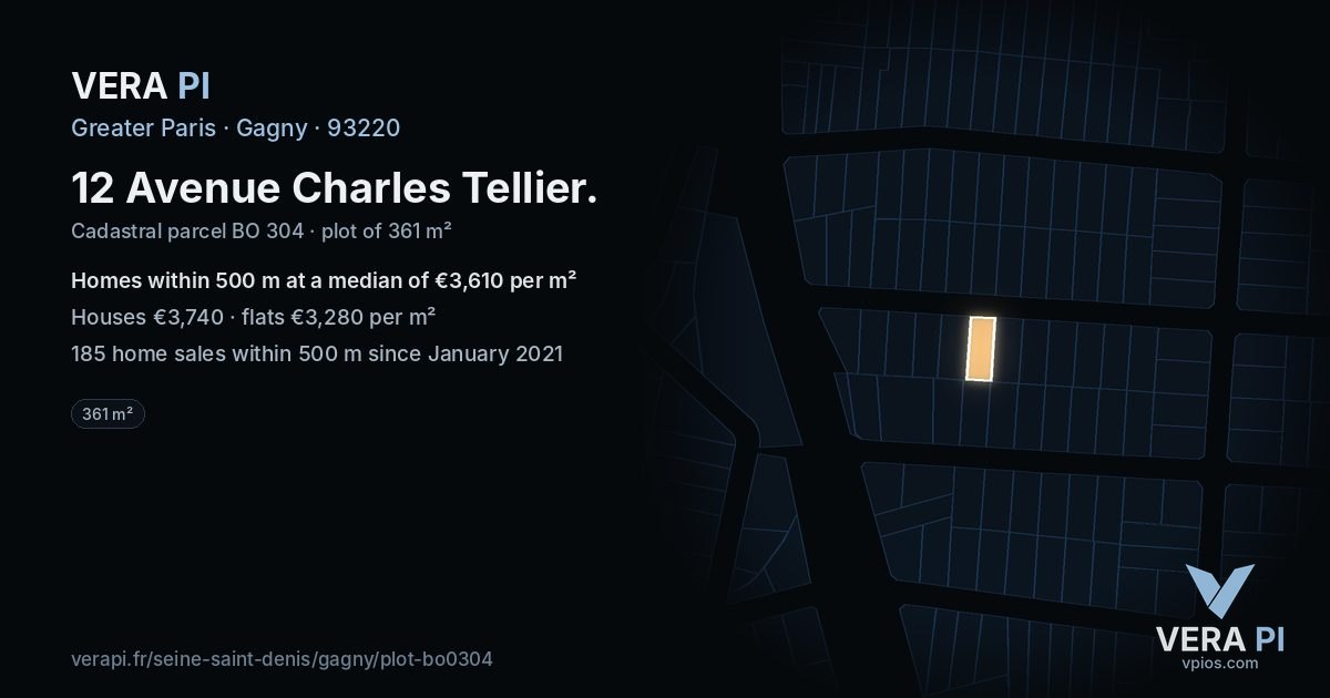 12 Avenue Charles Tellier, Gagny at night – the plot lit, the parcels around coloured by the prices near them