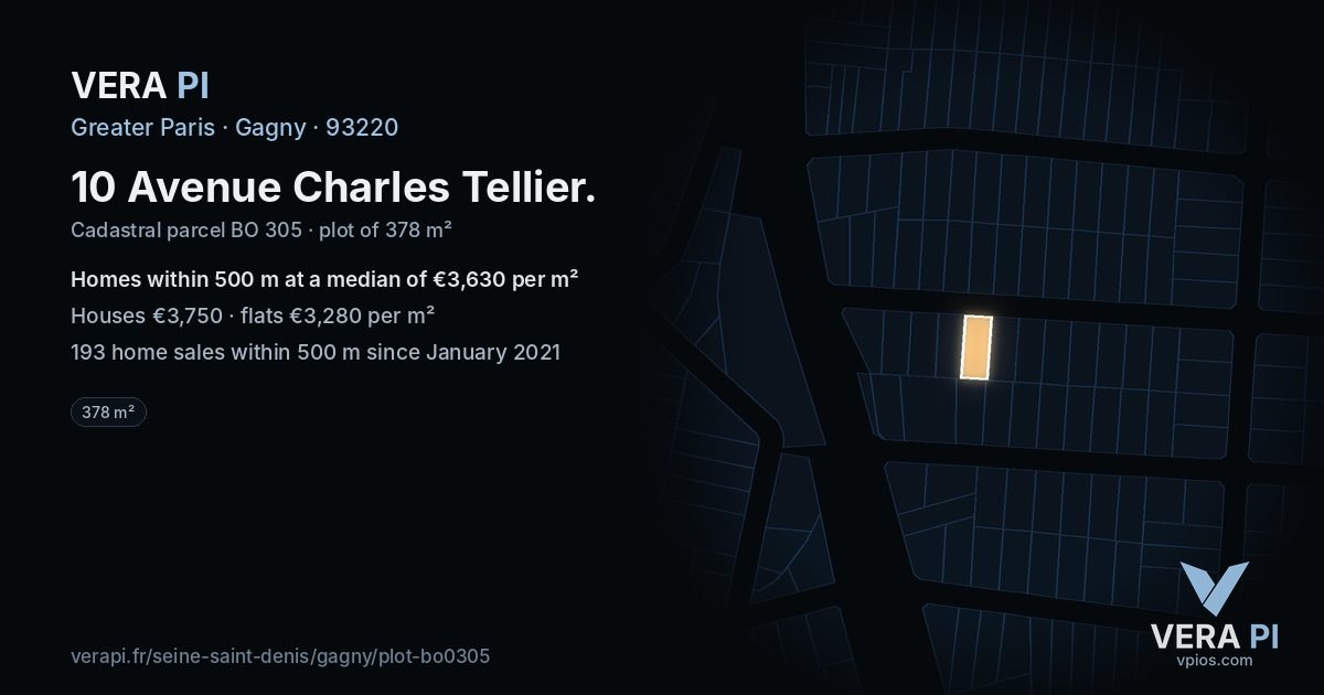 10 Avenue Charles Tellier, Gagny at night – the plot lit, the parcels around coloured by the prices near them