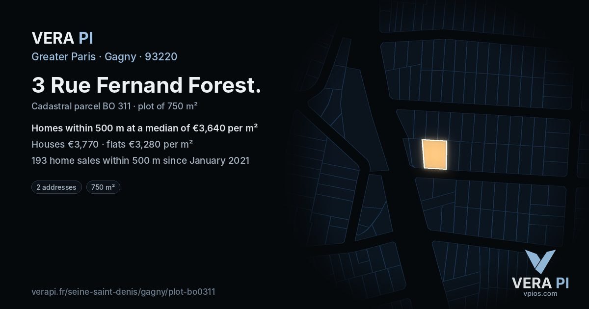 3 Rue Fernand Forest, Gagny at night – the plot lit, the parcels around coloured by the prices near them