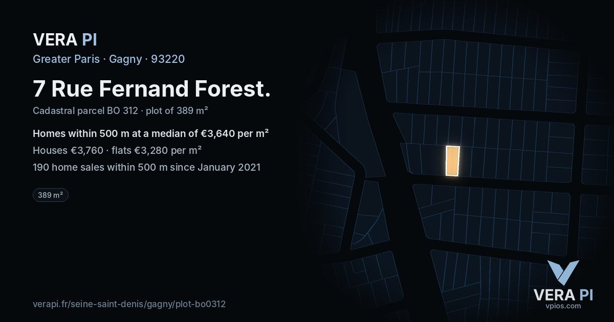 7 Rue Fernand Forest, Gagny at night – the plot lit, the parcels around coloured by the prices near them