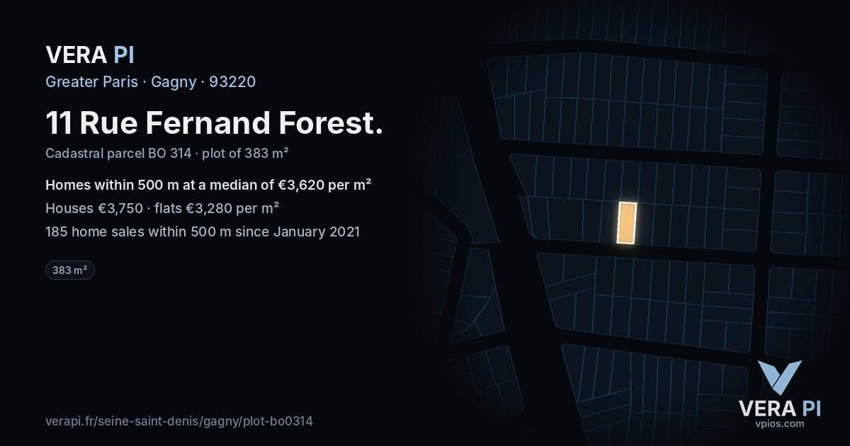 11 Rue Fernand Forest, Gagny at night – the plot lit, the parcels around coloured by the prices near them