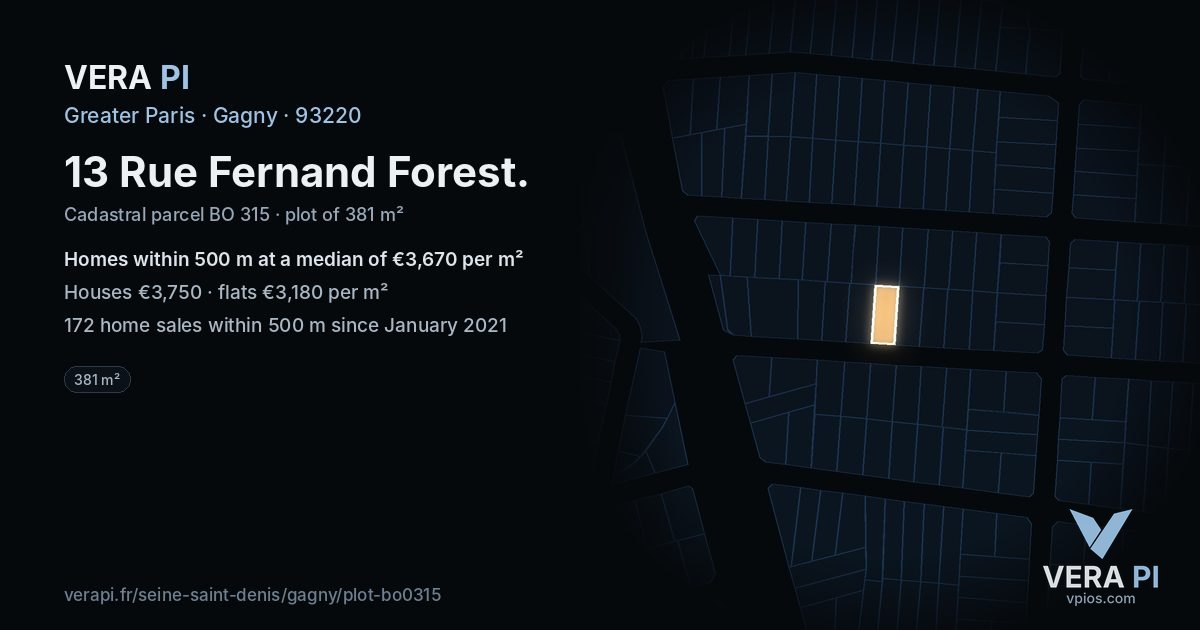 13 Rue Fernand Forest, Gagny at night – the plot lit, the parcels around coloured by the prices near them