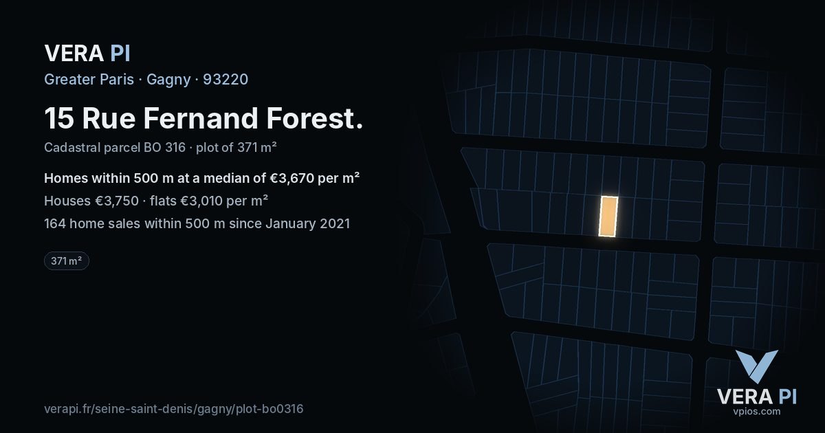 15 Rue Fernand Forest, Gagny at night – the plot lit, the parcels around coloured by the prices near them