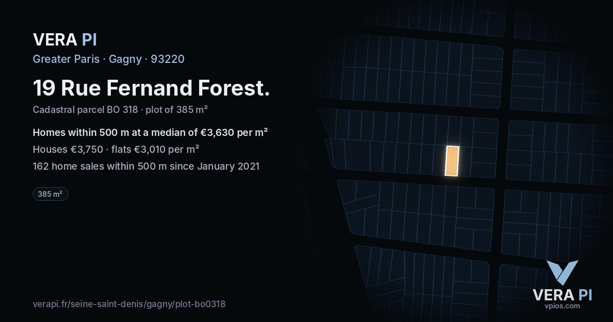 19 Rue Fernand Forest, Gagny at night – the plot lit, the parcels around coloured by the prices near them