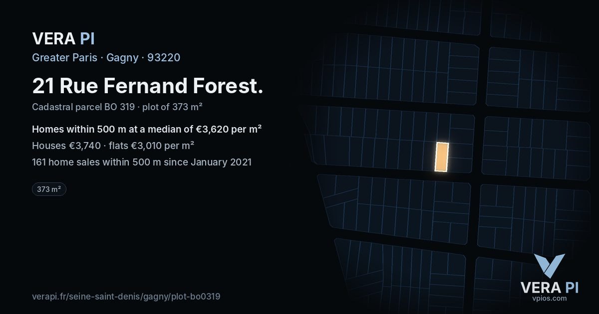 21 Rue Fernand Forest, Gagny at night – the plot lit, the parcels around coloured by the prices near them