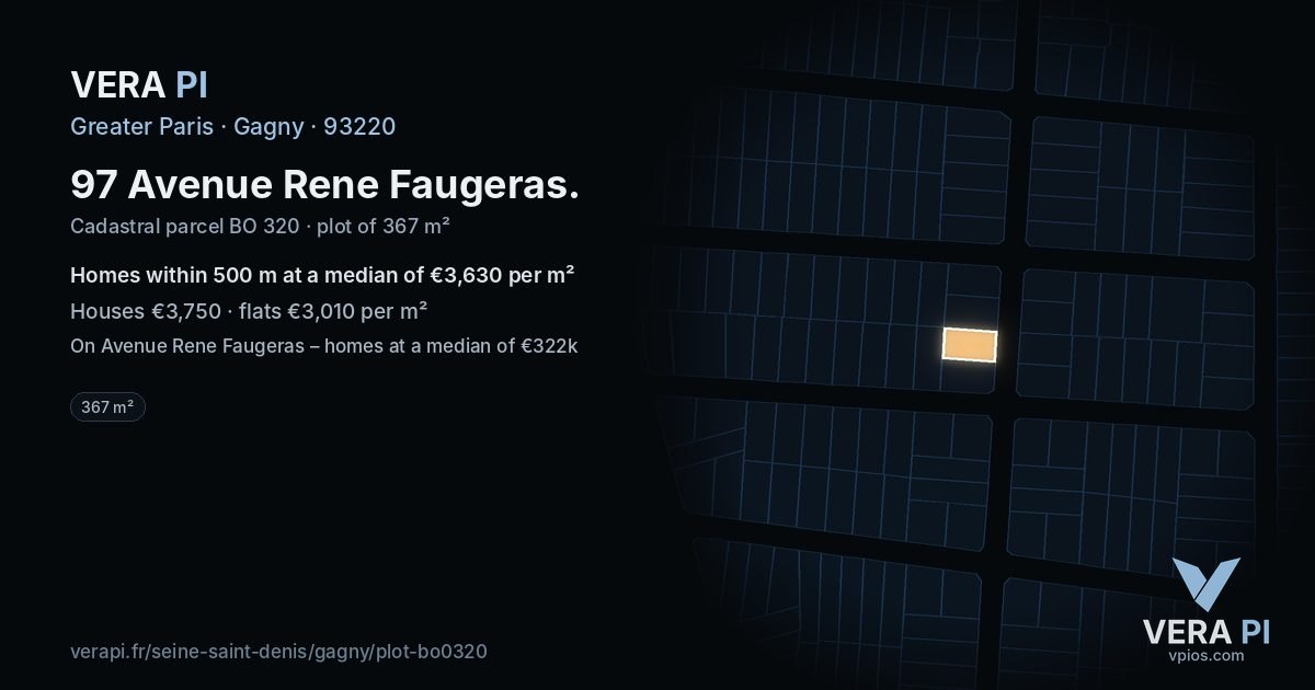 97 Avenue Rene Faugeras, Gagny at night – the plot lit, the parcels around coloured by the prices near them