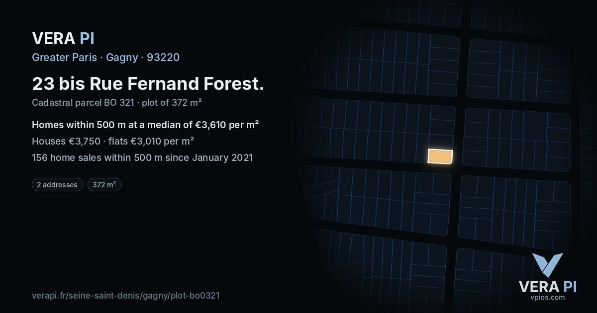 23 bis Rue Fernand Forest, Gagny at night – the plot lit, the parcels around coloured by the prices near them