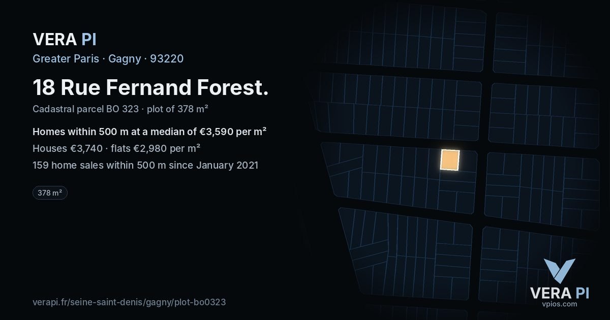 18 Rue Fernand Forest, Gagny at night – the plot lit, the parcels around coloured by the prices near them