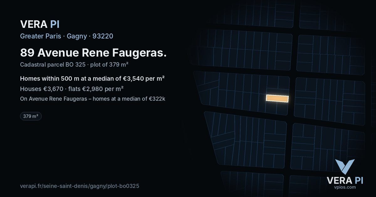 89 Avenue Rene Faugeras, Gagny at night – the plot lit, the parcels around coloured by the prices near them