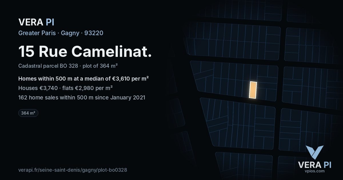 15 Rue Camelinat, Gagny at night – the plot lit, the parcels around coloured by the prices near them