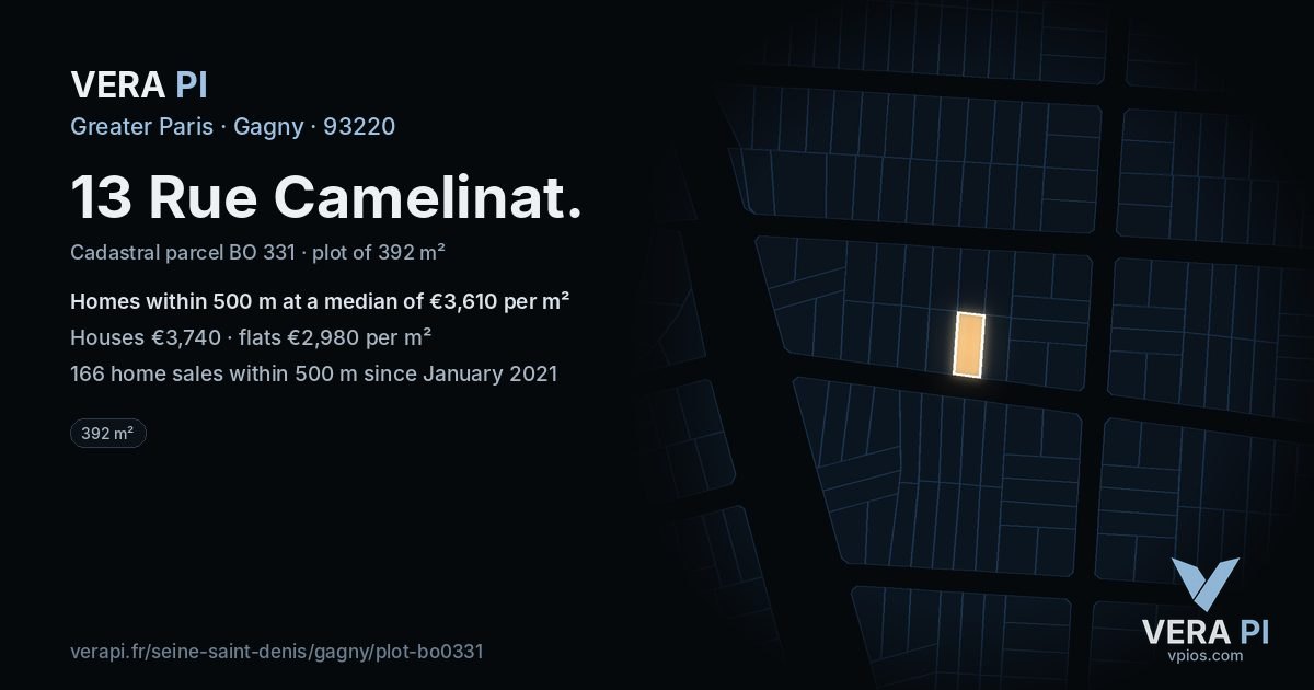13 Rue Camelinat, Gagny at night – the plot lit, the parcels around coloured by the prices near them