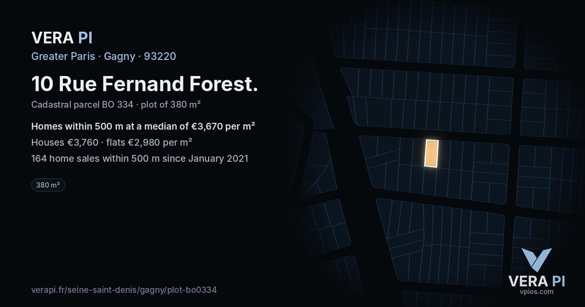 10 Rue Fernand Forest, Gagny at night – the plot lit, the parcels around coloured by the prices near them
