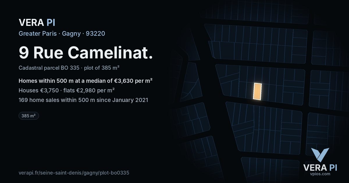 9 Rue Camelinat, Gagny at night – the plot lit, the parcels around coloured by the prices near them