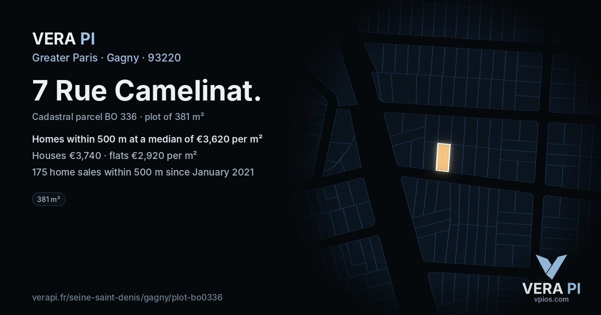 7 Rue Camelinat, Gagny at night – the plot lit, the parcels around coloured by the prices near them