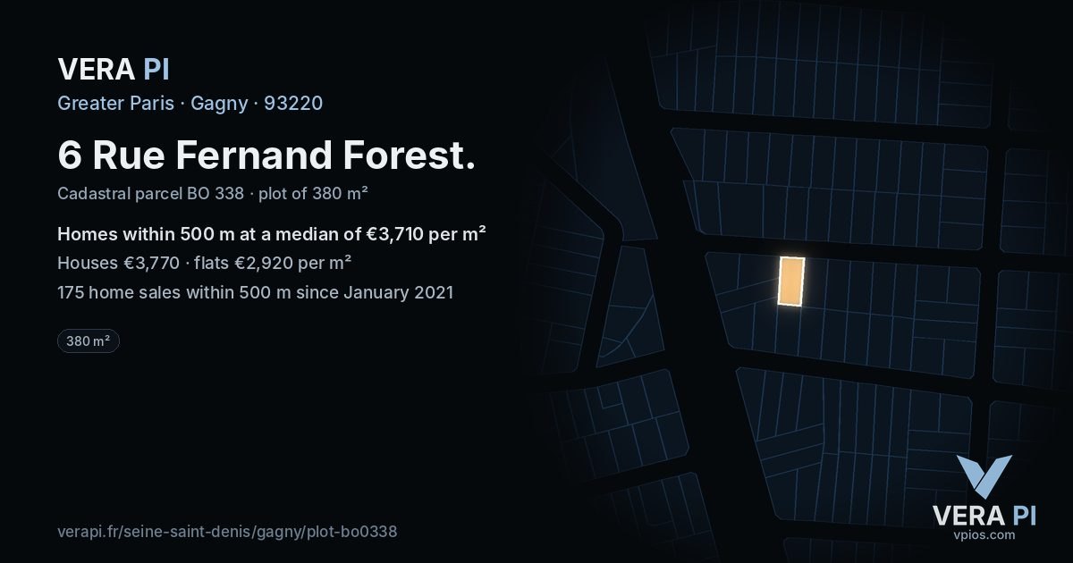 6 Rue Fernand Forest, Gagny at night – the plot lit, the parcels around coloured by the prices near them