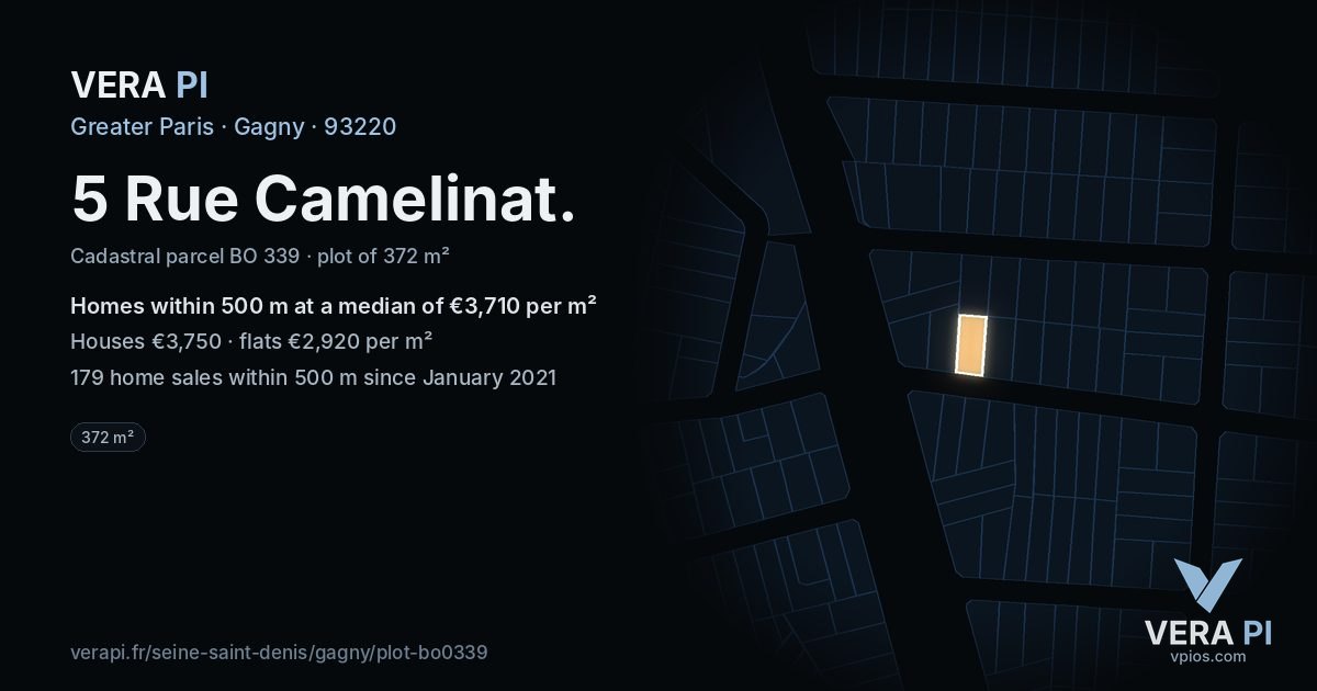 5 Rue Camelinat, Gagny at night – the plot lit, the parcels around coloured by the prices near them