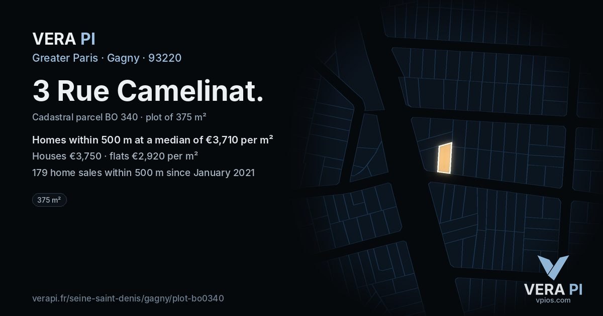 3 Rue Camelinat, Gagny at night – the plot lit, the parcels around coloured by the prices near them
